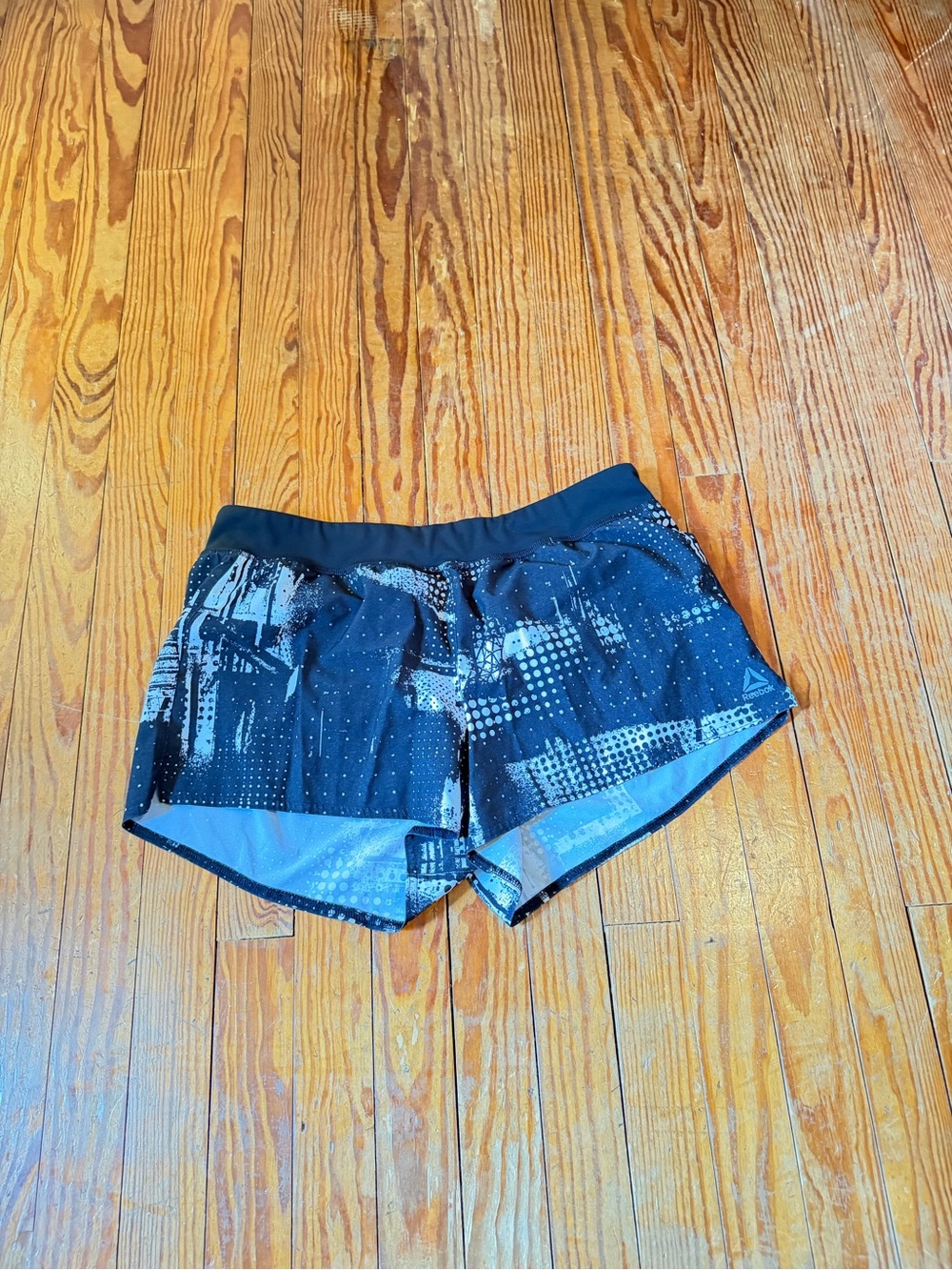 Reebok Black and Light Blue Patterned Athletic Shorts